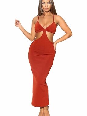 Toxic Envy Boutique Rust Cutout Maxi Dress Bodycon Open Waist Sleeveless Size M
